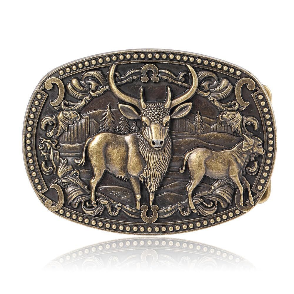 5094 Belt Buckles Brass Engraved Buffalo Belt Buckle Southwestern Deer Belt